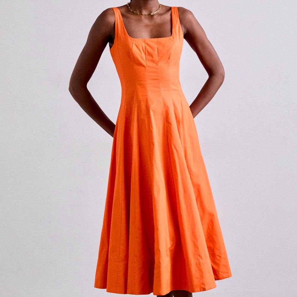 🌺🎉HP🎉🌺 NWT Staud Wells Midi Dress Tangerine - Picture 2 of 14